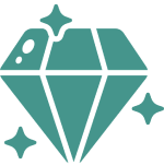 Teal diamond icon with sparkles on black.