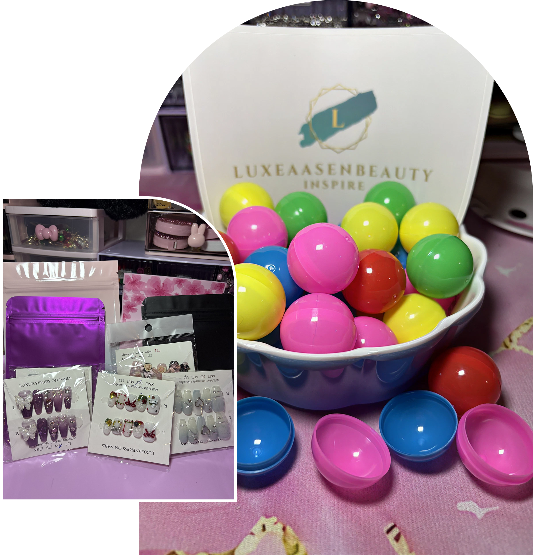 Colorful beauty products and accessories display.