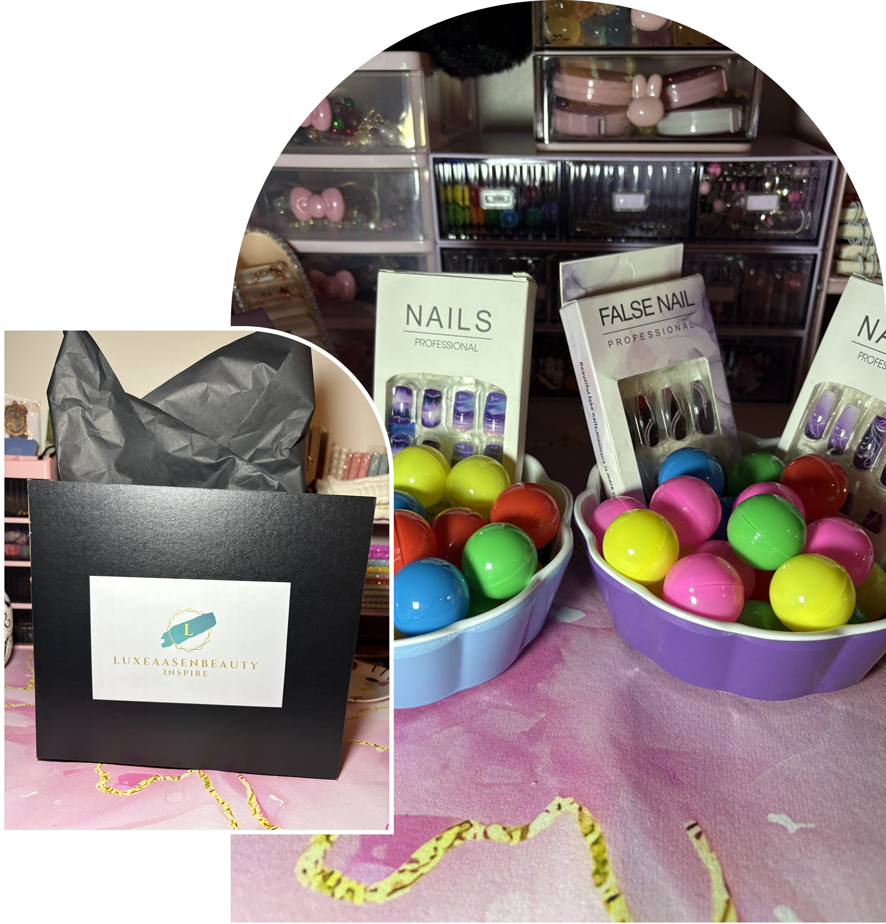 Gift bag and colorful nail accessories display.